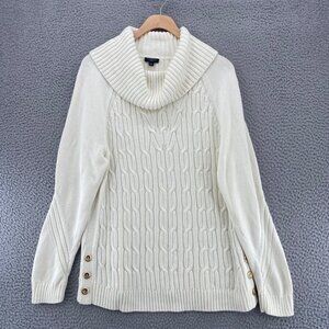 Talbots Sweater Womens Large Petite Ivory Cable Knit Cowl Neck Raglan Sleeves